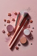 Overhead view of makeup brushes eyeshadow and star shaped glitter on a pink colored background