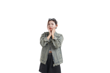 Surprised Woman's Expression: A young woman with a surprised expression, hands near her face, capturing the raw emotion and genuine reaction. 