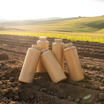 Reusable bamboo bottles standing on tilled soil in nature