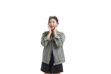 Astonished expression: A woman's pure surprise captured in a portrait, as she holds her hands to her face, revealing delight. 