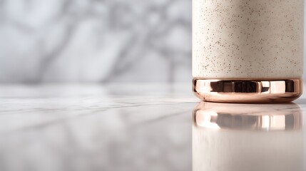 Close up of speckled cream container with gold base on a marble surface in soft focus lighting