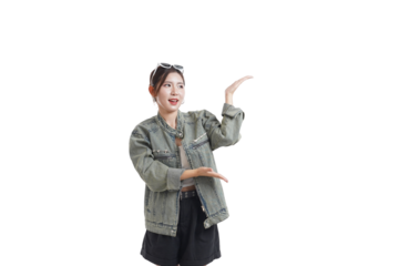 Enthusiastic Gesture: A stylish individual stands poised against a minimalistic backdrop, presenting or indicating with open hands, embodying a sense of excitement, allure, and persuasive charm. 