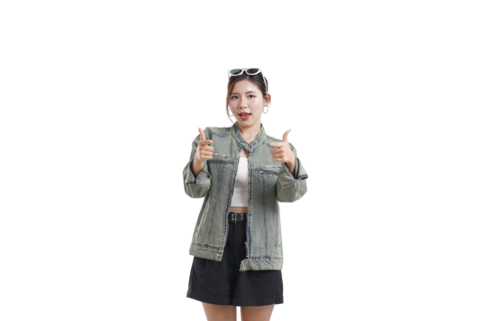 Enthusiastic Approval: A stylish individual beams with confident gestures, offering a double thumbs-up.