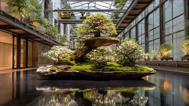 A collection of bonsai trees displayed in a modern greenhouse with reflective water feature below them