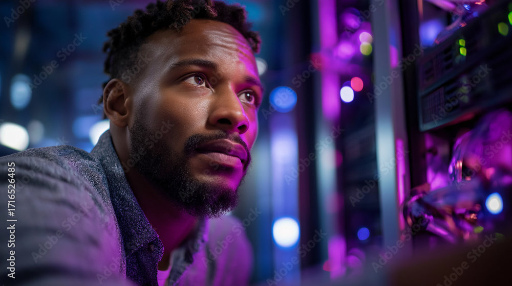 Poster a black it specialist in a server room under bold purple light deploys ai tools for system optimizat