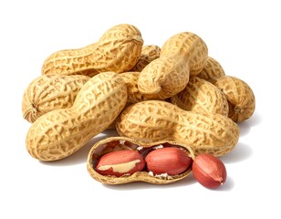 Pile of peanuts in shells, some cracked open, displaying red inner nuts
