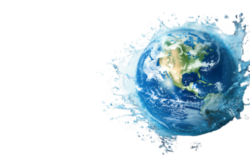 Planet earth surrounded by a dynamic splash of clear water isolated on transparent background