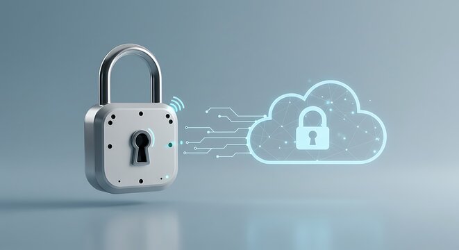 A metallic, sleek padlock with visible digital circuit elements floats alongside a glowing blue, ethereal cloud icon that also contains a padlock symbol