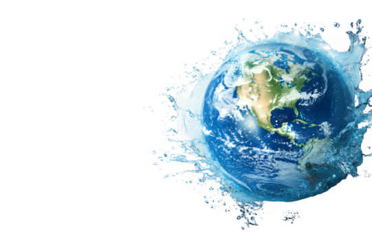 Planet earth surrounded by a dynamic splash of clear water isolated on transparent background