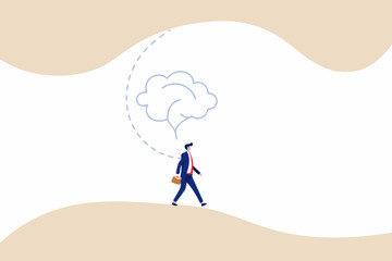 Businessman walking with a thought bubble in the shape of a brain above his head