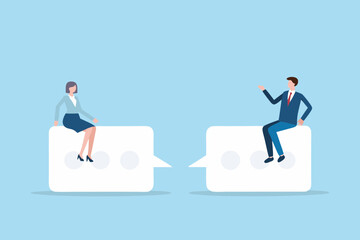 Business people sitting on speech bubbles communicating and discussing ideas in a modern flat design style