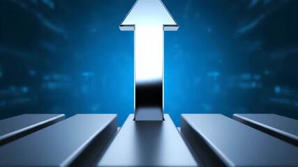 A reflective metallic arrow shape points upwards and advances through a bright, digitally rendered tunnel with blurred blue light streaks and abstract shapes in the background. - Powered by Adobe