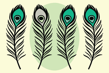 Obraz premium Four stylized peacock feathers with teal and grey eyes on a pale yellow background with a mint green oval shape