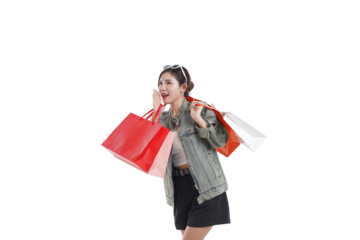 Shopaholic's Delight: A stylish woman, adorned with shopping bags, exudes exuberance and excitement, ready to seize the day with fashionable finds and retail therapy.