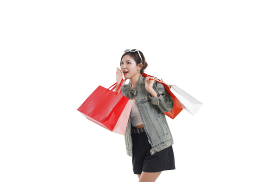 Shopaholic's Delight: A stylish woman, adorned with shopping bags, exudes exuberance and excitement, ready to seize the day with fashionable finds and retail therapy.