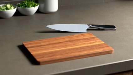 Modern Kitchen Knife and Wooden Cutting Board on Concrete Countertop: Minimalist Culinary Still Life