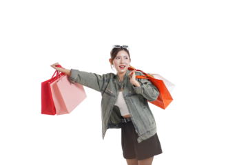 Shopping Spree: A fashionable woman is captured mid-stride, brandishing a collection of shopping bags, her joyful expression radiating the thrill of retail therapy.