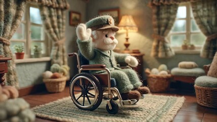 Veteran in wheelchair saluting in felted wool handmade style inside cozy room. Veterans Day tribute in textile art - Powered by Adobe