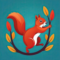 Colorful cartoon squirrel climbing a branch with autumn leaves against a vibrant blue background