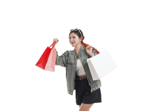 Joyful Shopper's Retail Bliss: An animated woman cheerfully exits retail space, showcasing her fashionable style and delight with bags of newly acquired goods, radiating energy and joy.