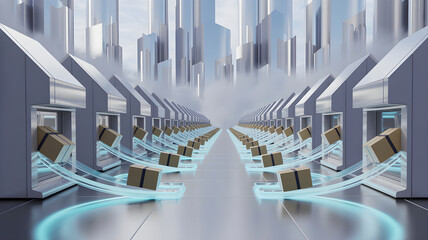Fototapeta premium Boxes flowing from futuristic stores in a smart city