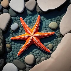 Colorful orange starfish resting among smooth pebbles by the seaside in bright sunlight
