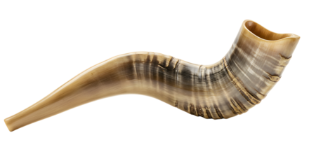 High-resolution image of a Shofar, a ram's horn,  with a beige and brown striped background, showcasing intricate detail and a solemn mood, perfect for Rosh Hashanah or Jewish holiday themes.