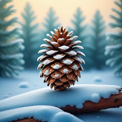 Snow-covered pine cone resting on a log in a serene winter forest at dawn