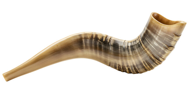 High-resolution image of a Shofar, a ram's horn,  with a beige and brown striped background, showcasing intricate detail and a solemn mood, perfect for Rosh Hashanah or Jewish holiday themes.