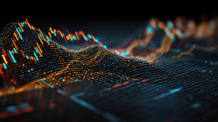 Holographic chart futuristic grid data visualization neon glow financial trend
