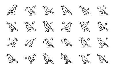 Set of Bird Silhouettes in Line Art Style – Parrot, Swan, Owl, Flamingo, Hummingbird, Toucan, Vulture, and Flying Birds Outline Icons on White Background