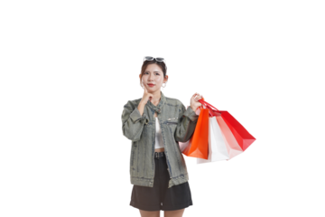 Shopping Dilemma: A stylish shopper stands thoughtfully, grappling with the delightful problem of choice, carrying bags filled with potential purchases.