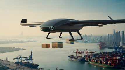 Cargo drone delivering packages over busy port