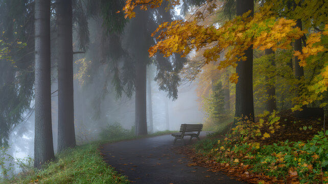 Park path winding through autumn forest in fog