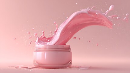 Pink cream splashing out of a jar against a pink background in a studio setting with soft lighting
