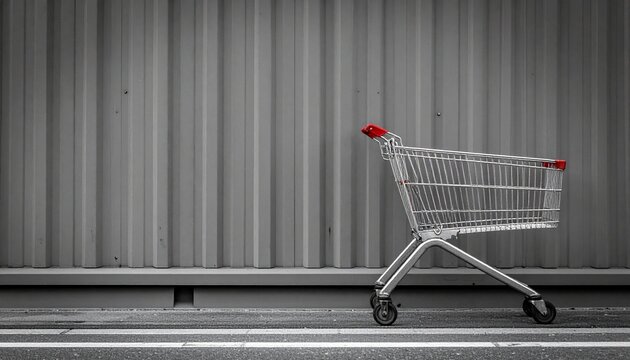 Empty Shopping Cart Against Metallic Wall Symbol of Consumerism and Economic Trends