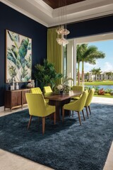 A dining area with dark teal walls, lime green drapes, and vivid yellow chairs, showcasing a contemporary style.