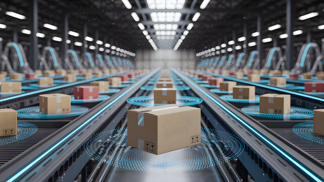Packages moving on futuristic smart factory conveyor belts