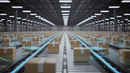 Cardboard boxes moving on smart conveyor belt in warehouse
