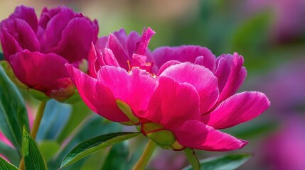 Obraz premium Vibrant pink peonies bloom beautifully in a garden, showcasing their lush petals and green foliage in a soft, natural light.