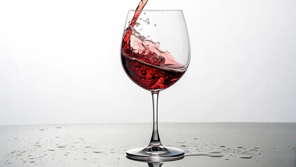 Red wine gracefully swirls within a clear glass against white backdrop.