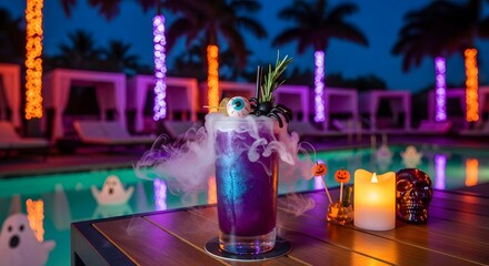 Enthralling Halloween Poolside Cocktail, vibrant purple hue, dry ice effect, spooky garnishes a night of chilling fun and festive drinks.