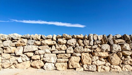 Rustic Stone Wall A Sturdy Barrier Under a Clear Blue Sky, Textured Detail of Rocks