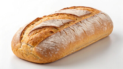 Loaf of golden, crusty bread dusted with flour sits on a white surface.