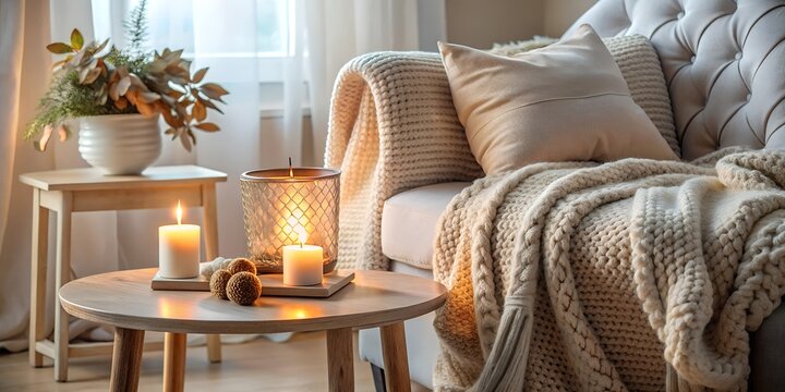 Softly lit living room corner with a plush sofa draped in a knitted blanket, featuring candles and a plant on a wooden coffee table, evoking a sense of comfort and tranquility