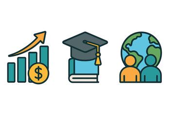 Set of icons for business growth, education, and global cooperation. Vector line art symbols of finance, learning, and international community. Modern flat design elements.