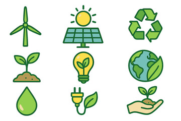 Renewable energy and sustainability icon set. Green eco friendly symbols with solar panel, wind turbine, recycling, and plant growth. Vector cartoon for environment conservation.