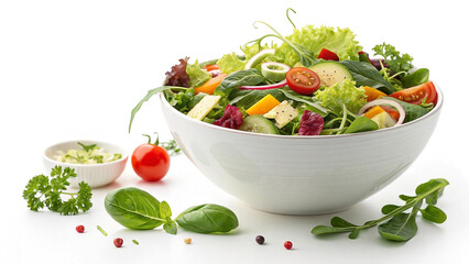Fresh salad with various vegetables and cheese in bowl presents healthy meal.