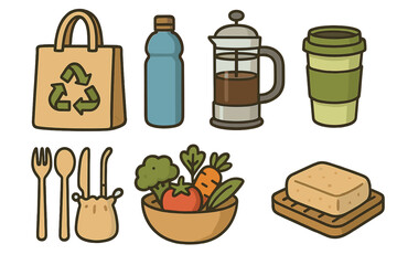 Set of zero waste tools for a sustainable lifestyle. Eco-friendly and reusable products concept. Reduce plastic vector icons. Grocery bag, coffee cup, water bottle, cutlery.