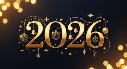 Elegant golden 2026 new year design with shimmering stars and ornaments for festive holiday celebrations